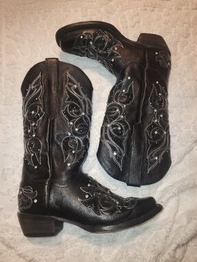 Rock'em Miranda Snip Toe Cowgirl Boots Black Studded Women's Mid Calf, Sz 9